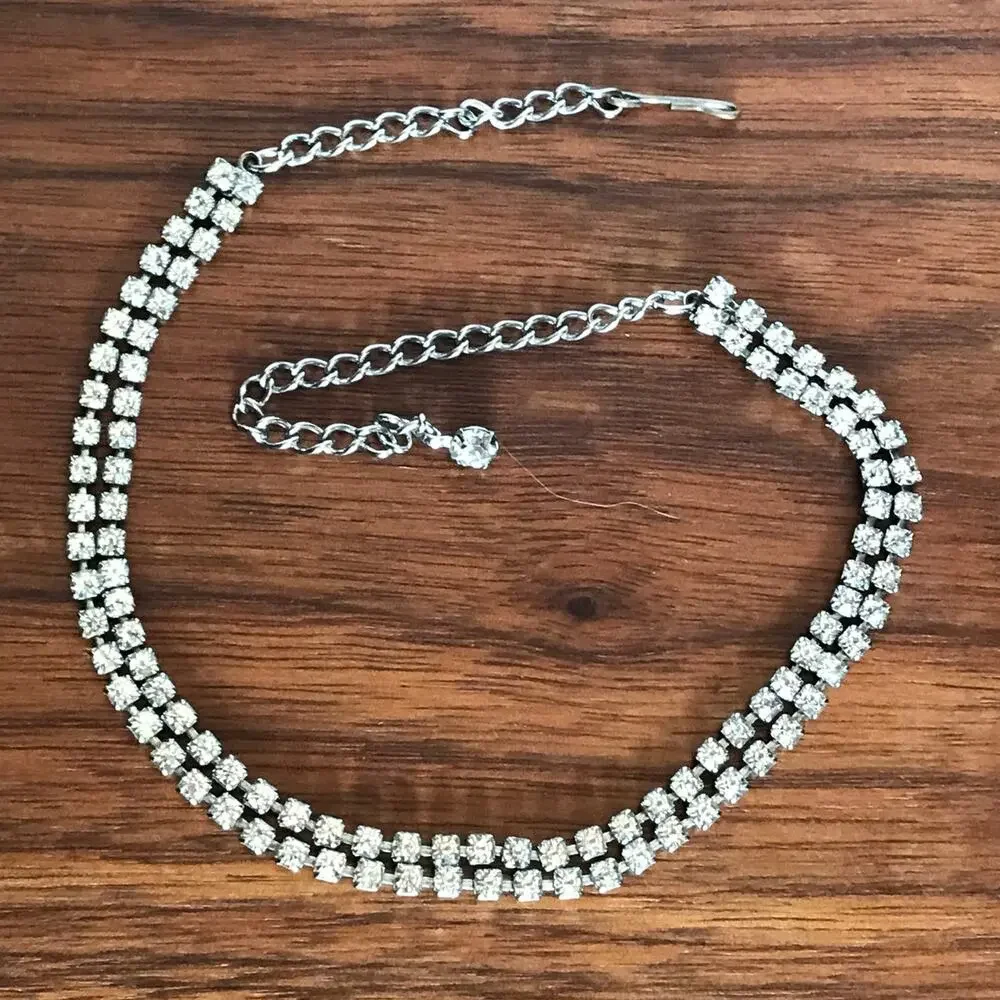 Sturdy double-strand rhinestone choker necklace (14.5